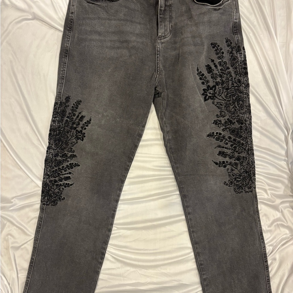 We The Free Gray Jeans with Black Floral Design